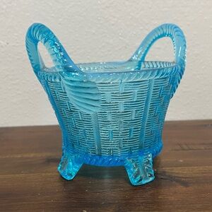Vintage Northwood Aqua Glass Bushel Basket with Handles